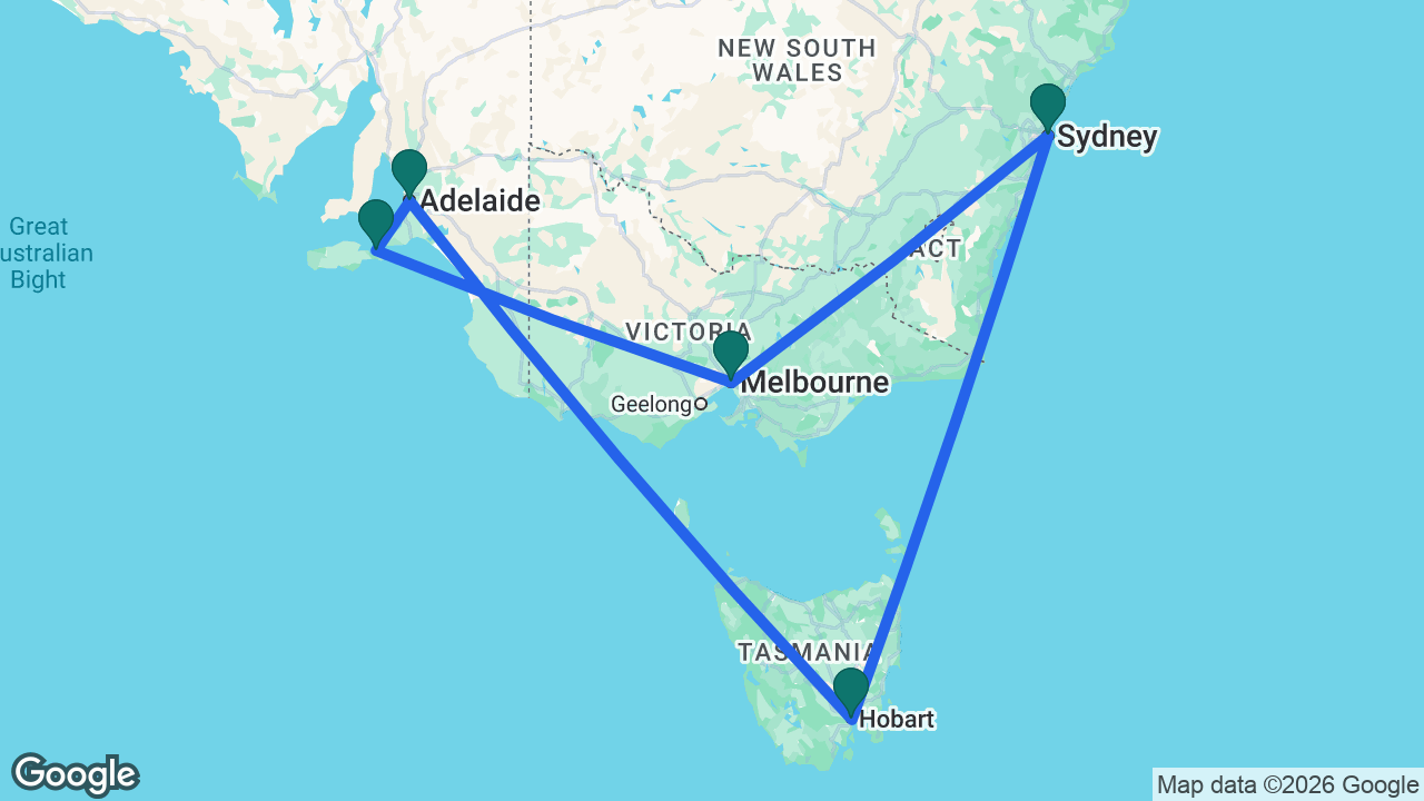 Route map: Sydney -> Hobart -> Adelaide -> Kangaroo Island -> Melbourne -> Sydney