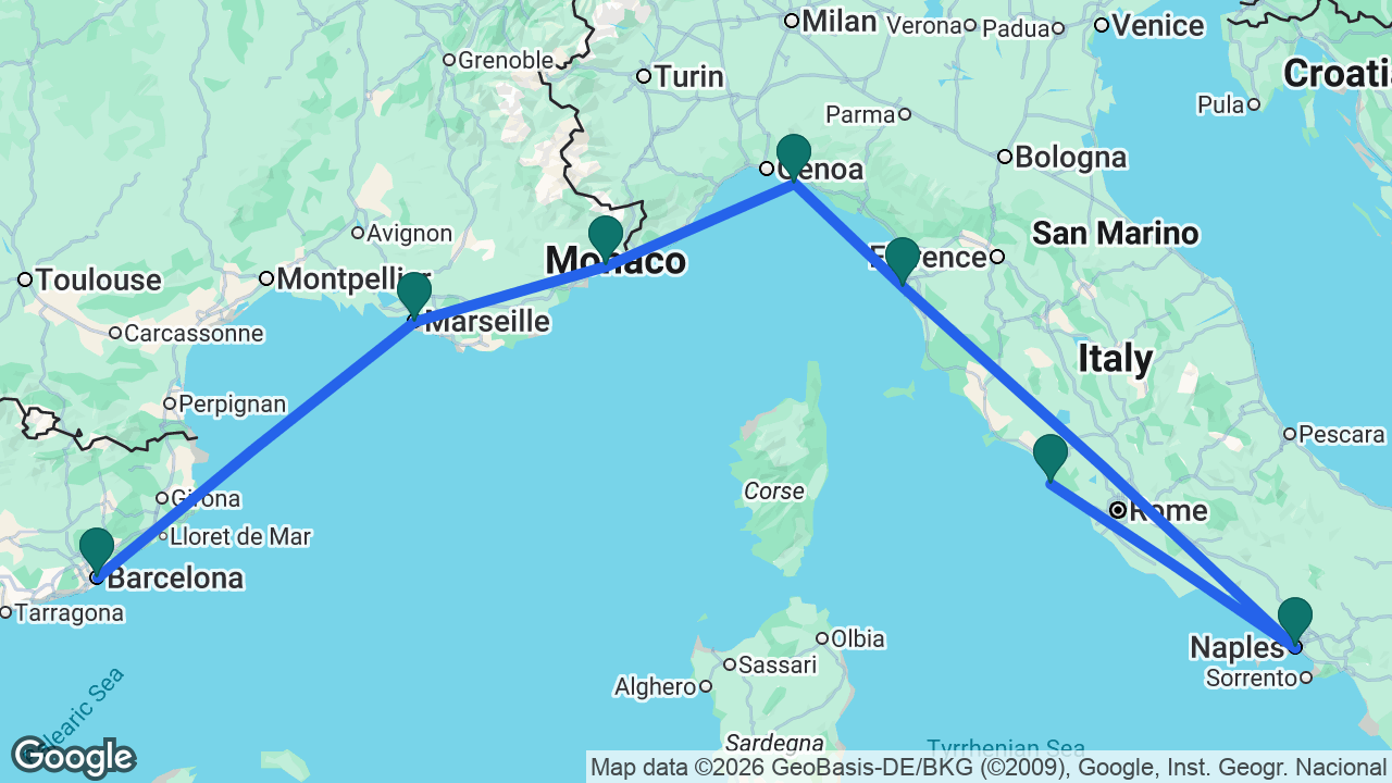 Route map: Rome -> Naples -> Florence -> Portofino -> Villefranche -> Marseille -> Barcelona