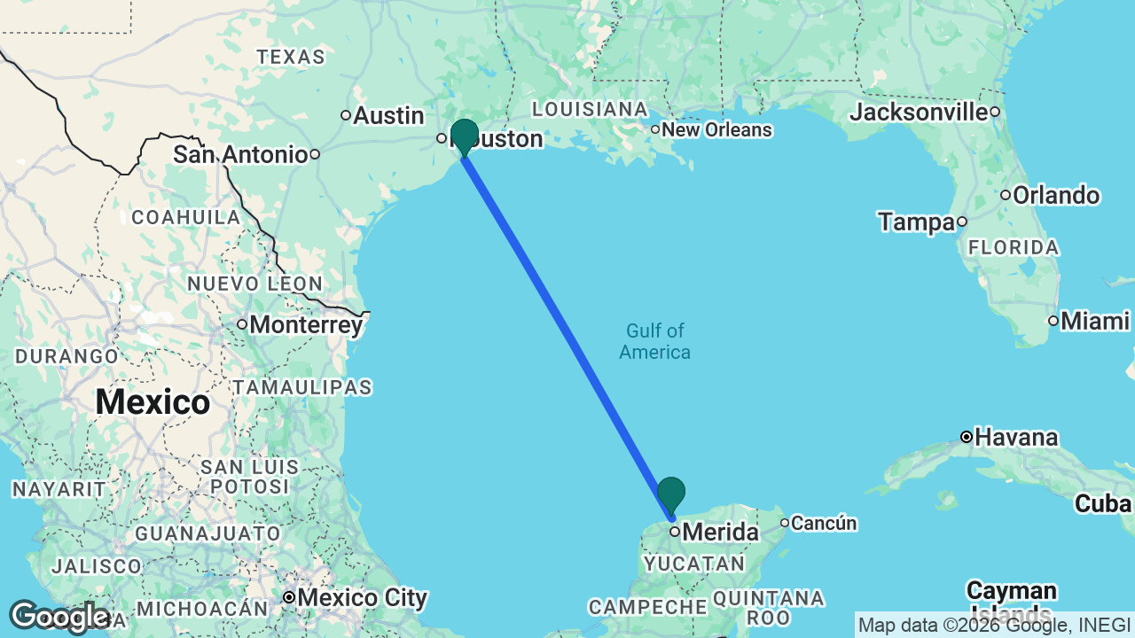Route map: Galveston -> Progreso -> Galveston