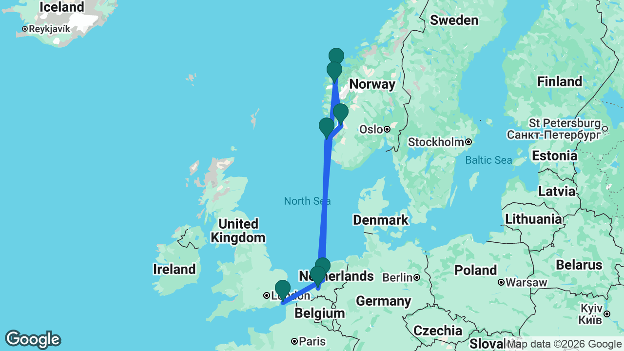 Route map: Dover -> Amsterdam -> Haugesund -> Odda -> Nordfjordeid -> Ålesund -> Rotterdam
