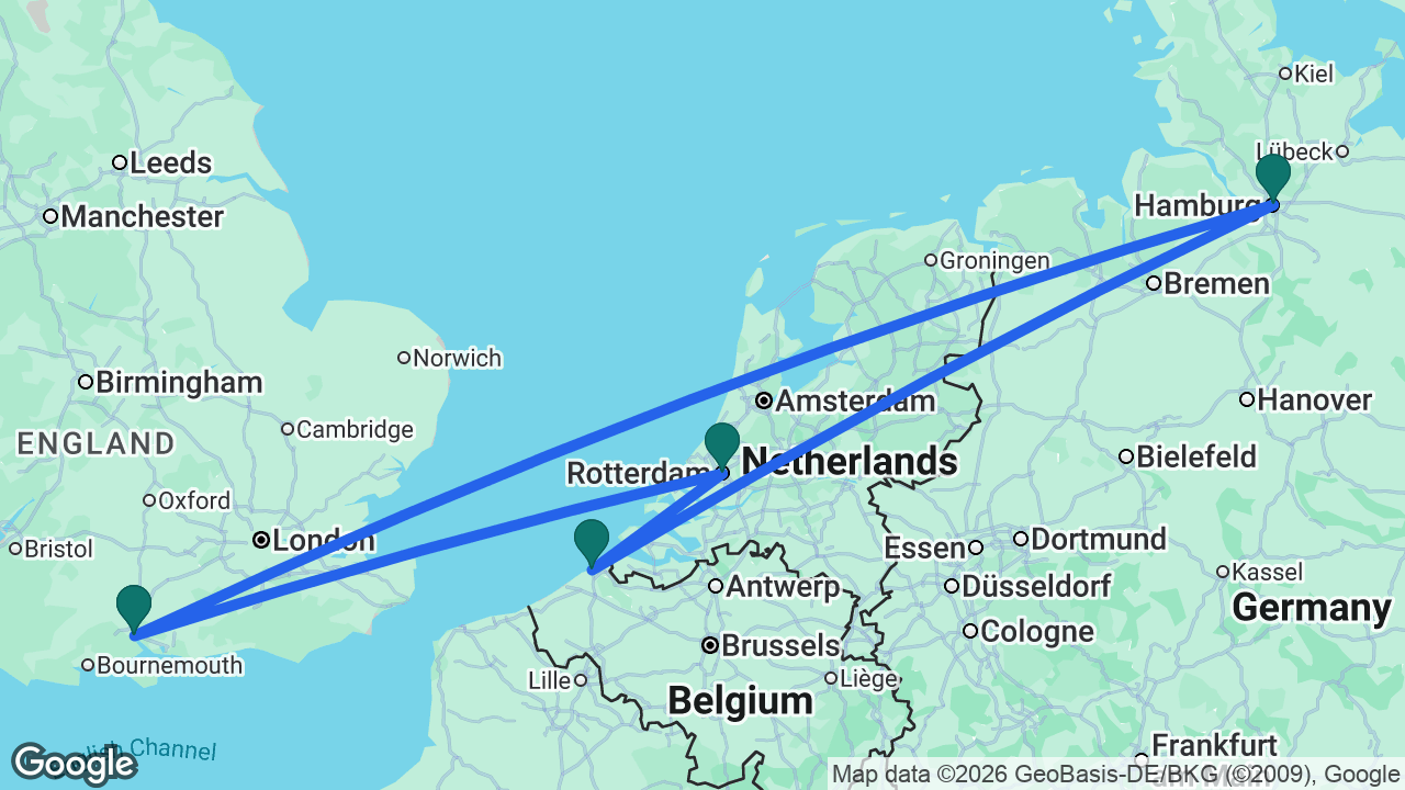 Route map: Southampton -> Hamburg -> Bruges -> Rotterdam -> Southampton
