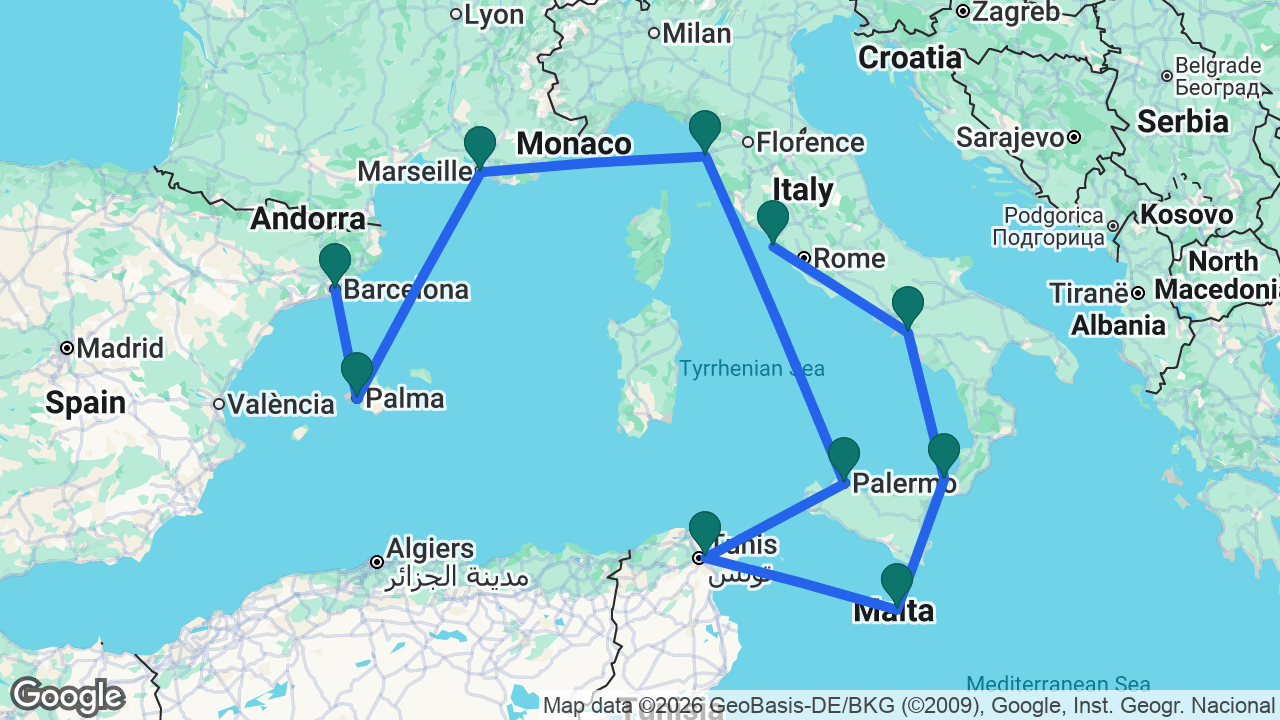 Route map: Rome -> Amalfi Coast -> Messina -> Valletta -> La Goulette -> Palermo -> Florence -> Marseille -> Mallorca -> Barcelona