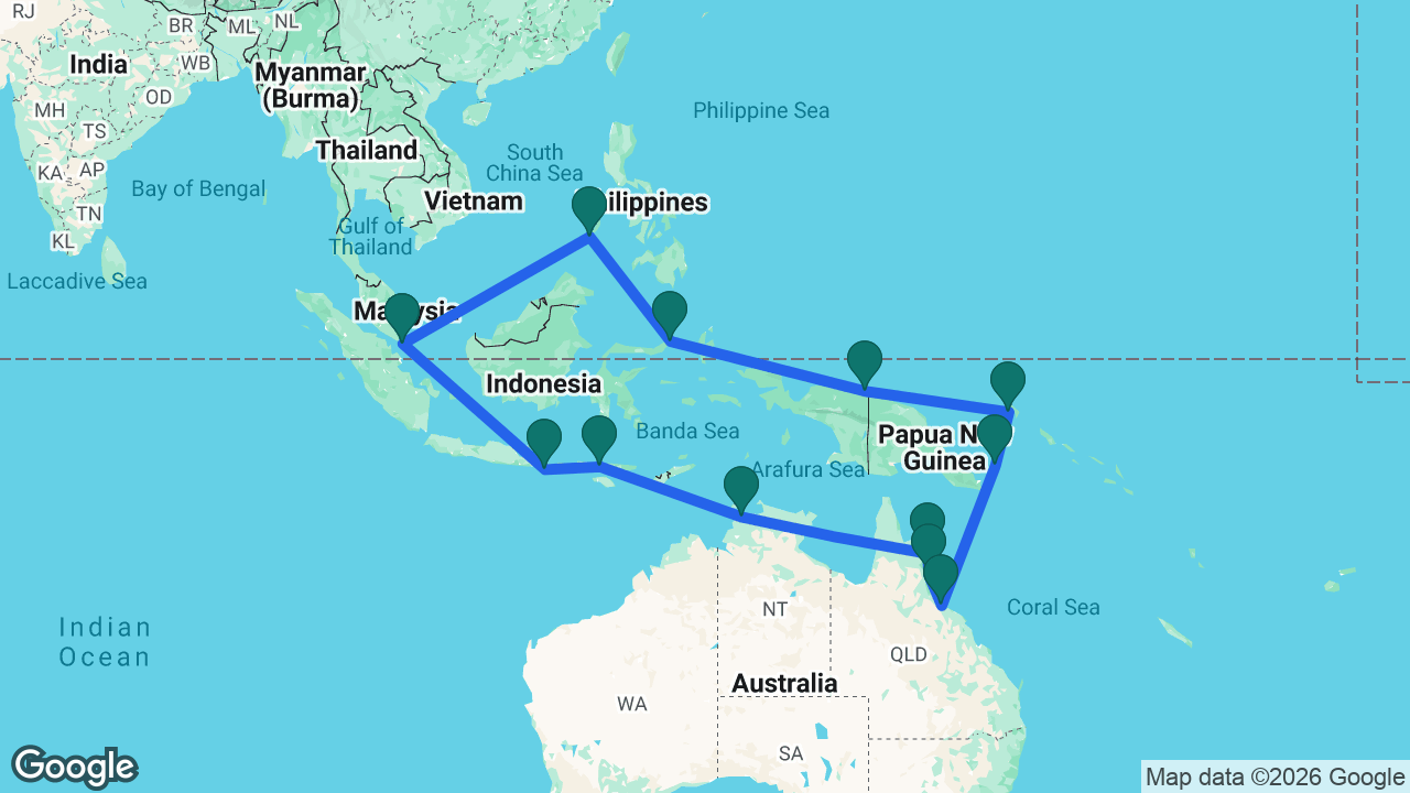 Route map: Singapore -> Puerto Princesa -> Bitung -> Jayapura -> Rabaul -> Kiriwina Island -> Townsville -> Cairns -> Ribbon Reef -> Darwin -> Slawi Bay -> Bali -> Singapore