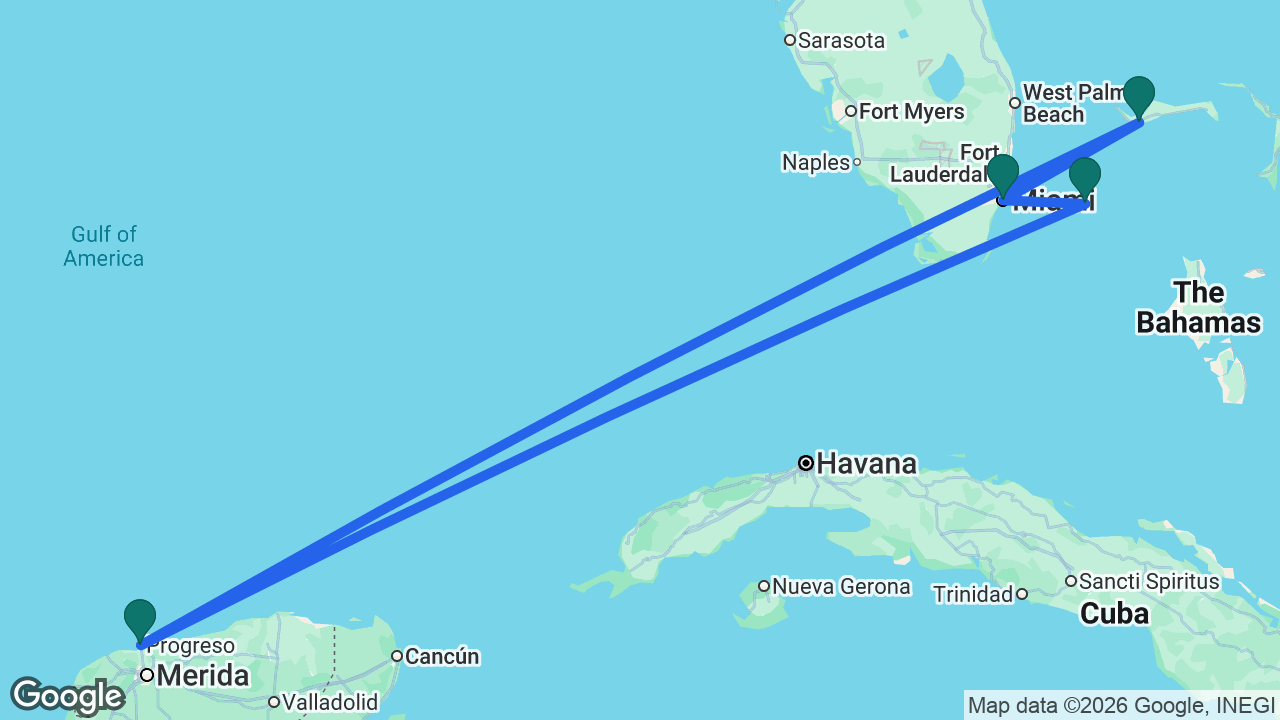 Route map: Miami -> Freeport -> Progreso -> Bimini -> Miami
