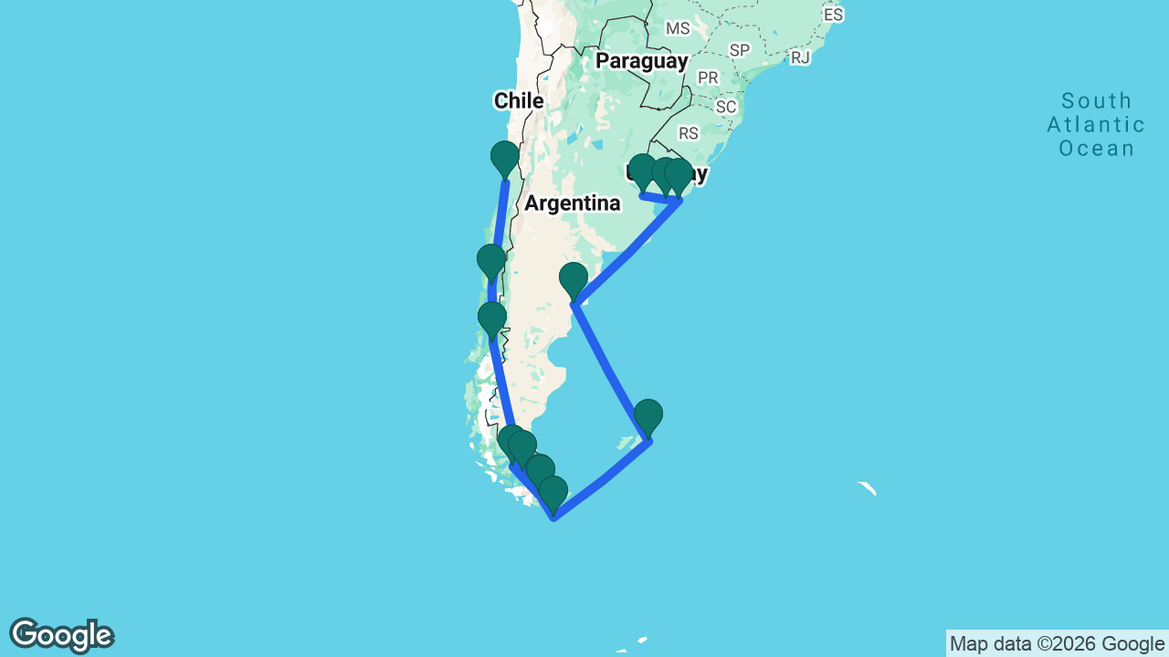 Route map: Buenos Aires -> Montevideo -> Punta del Este -> Puerto Madryn -> Port Stanley -> Drake Passage -> Ushuaia -> Beagle Channel -> Punta Arenas -> Strait of Magellan -> Puerto Chacabuco -> Puerto Montt -> San Antonio
