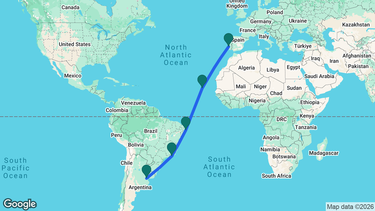 Route map: Buenos Aires -> Rio -> Recife -> Mindelo -> Lisbon
