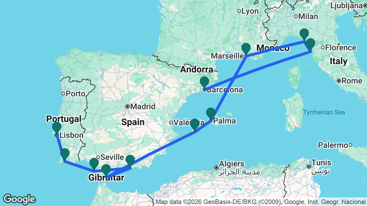 Route map: Lisbon -> Portimão -> Cádiz -> Motril -> Gibraltar -> Ibiza -> Mallorca -> Marseille -> La Spezia -> Florence -> Barcelona