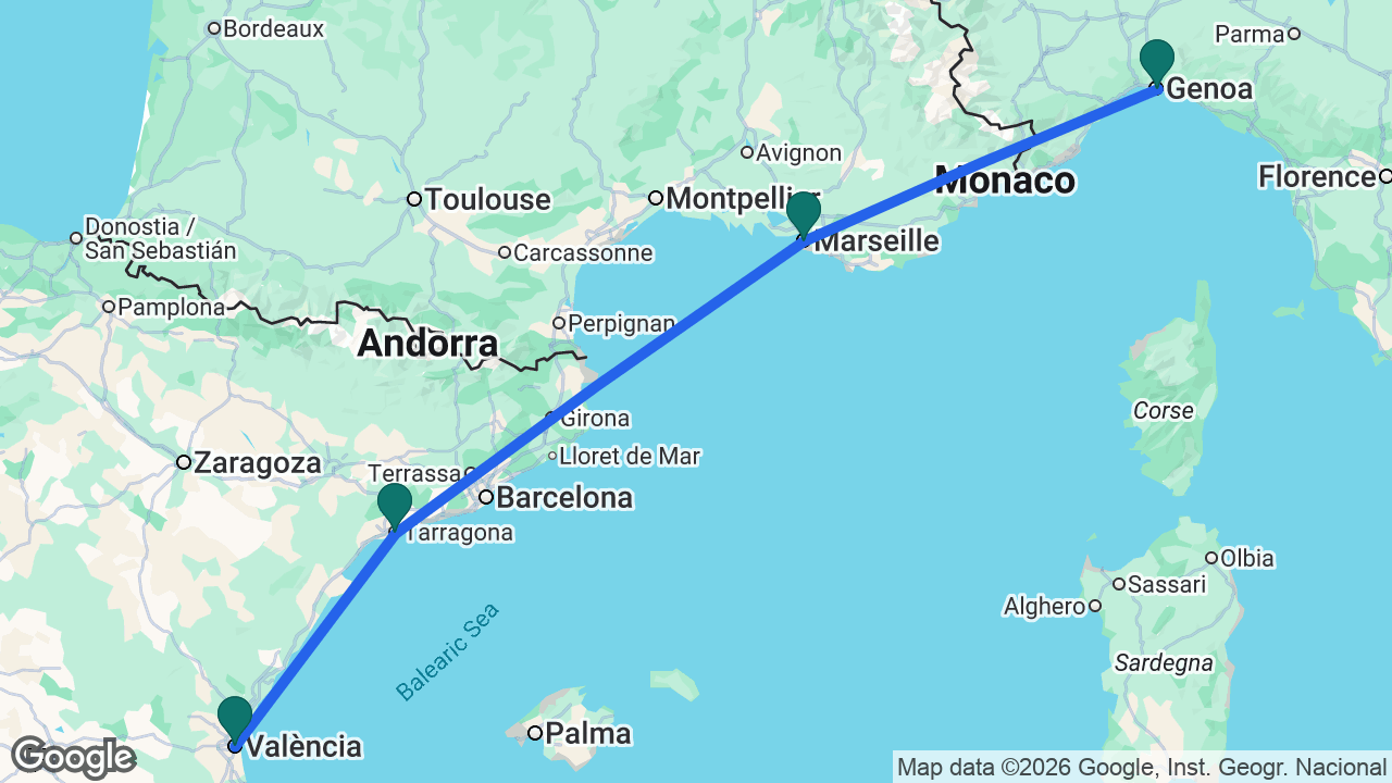 Route map: Genoa -> Marseille -> Tarragona -> Valencia