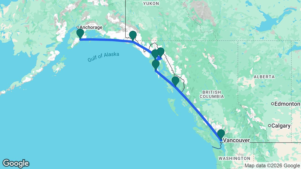 Route map: Vancouver -> Ketchikan -> Sitka -> Icy Strait Point -> Juneau -> Hubbard Glacier -> Seward