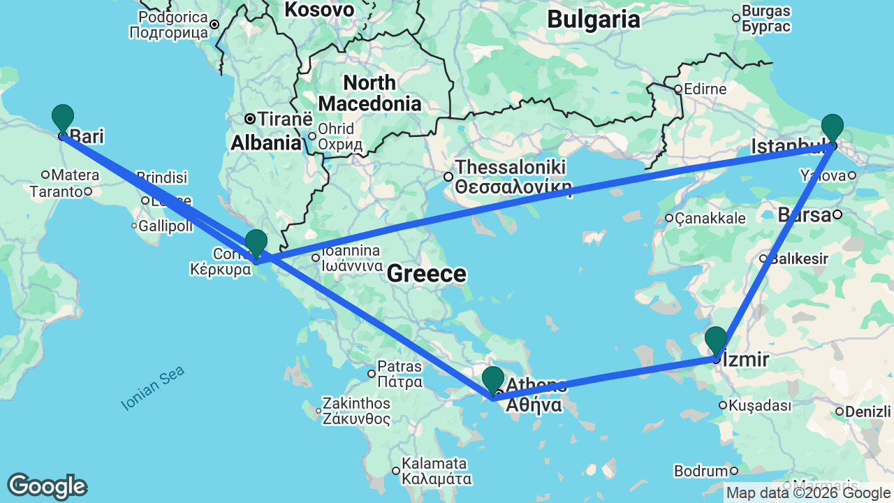 Route map: Athens -> Izmir -> Istanbul -> Corfu -> Bari -> Athens