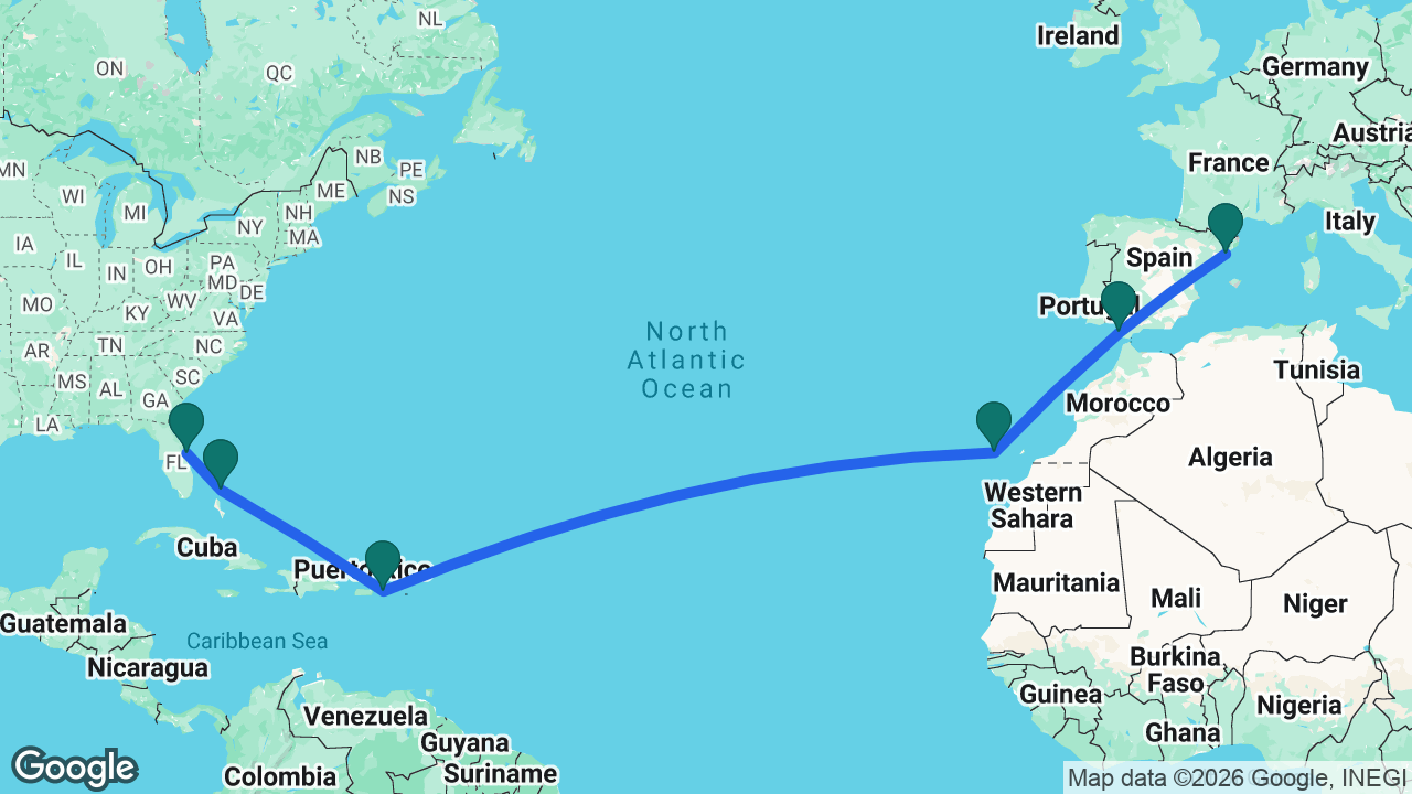 Route map: Barcelona -> Cádiz -> Tenerife -> St. Thomas -> Great Stirrup Cay -> Port Canaveral