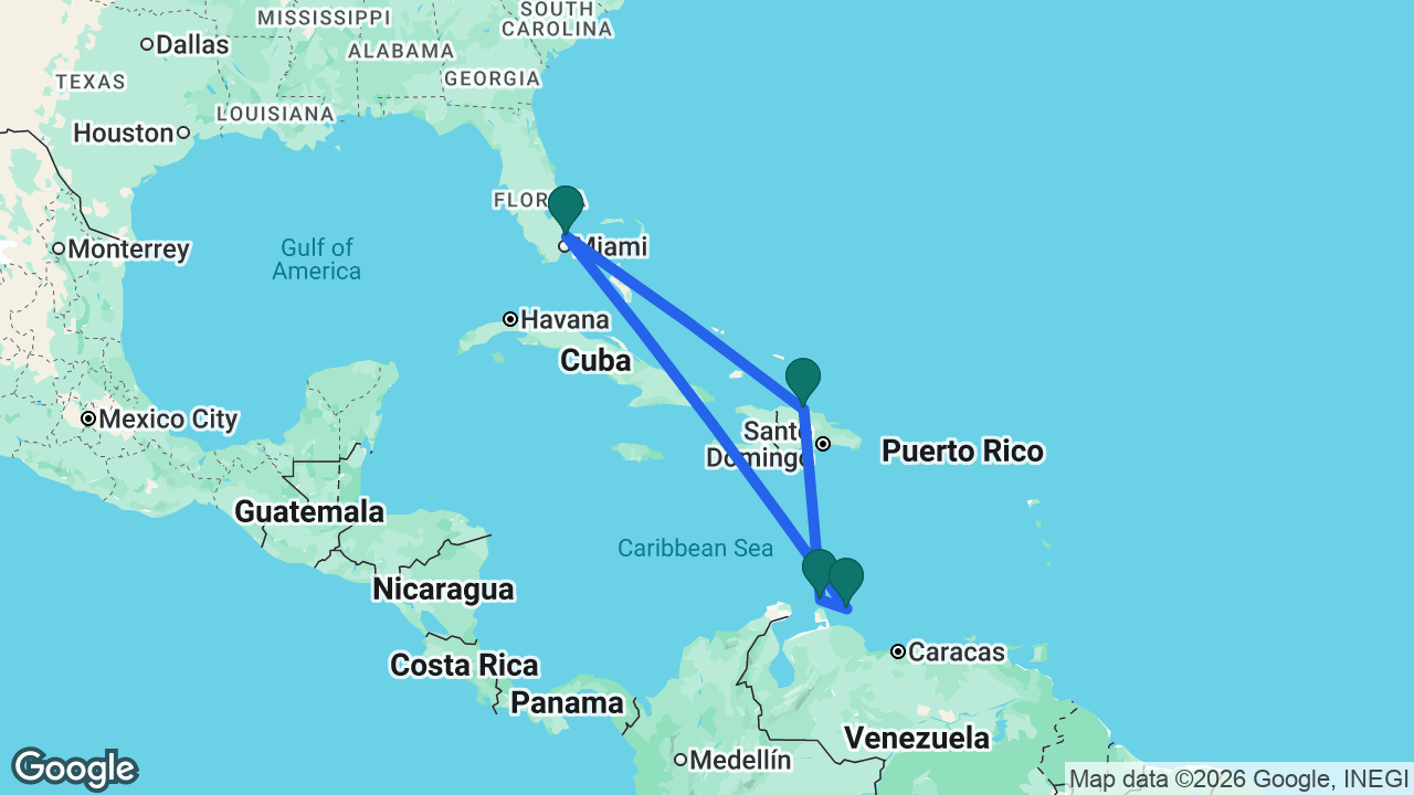 Route map: Fort Lauderdale -> Amber Cove -> Aruba -> Curaçao -> Fort Lauderdale