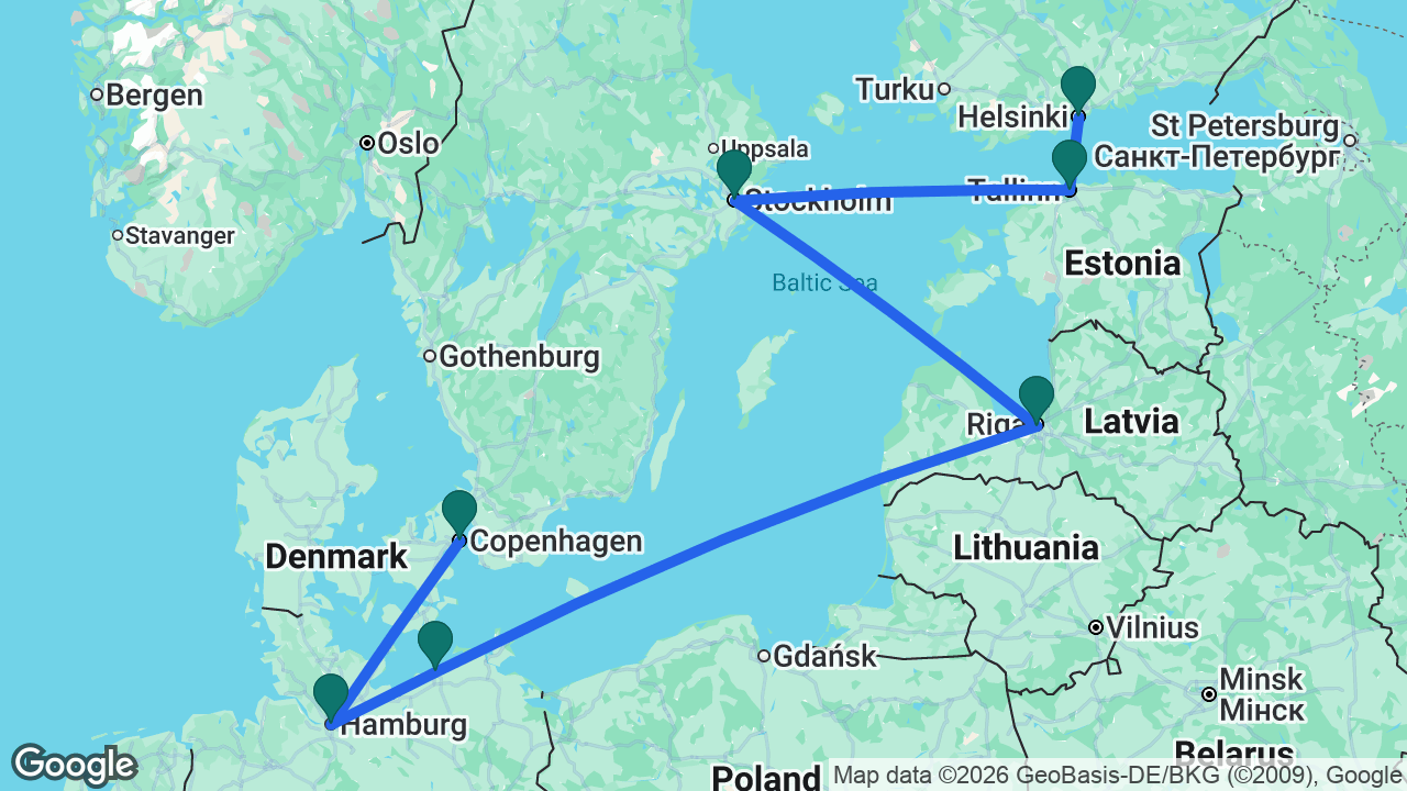 Route map: Helsinki -> Tallinn -> Stockholm -> Riga -> Berlin -> Hamburg -> Copenhagen