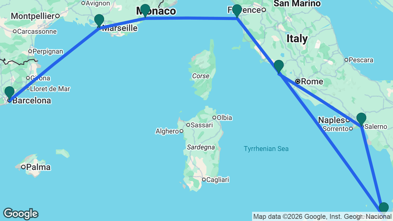 Route map: Barcelona -> Marseille -> Cannes -> Florence -> Messina -> Amalfi Coast -> Rome