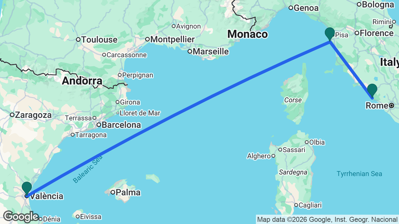Route map: Valencia -> Florence -> Rome