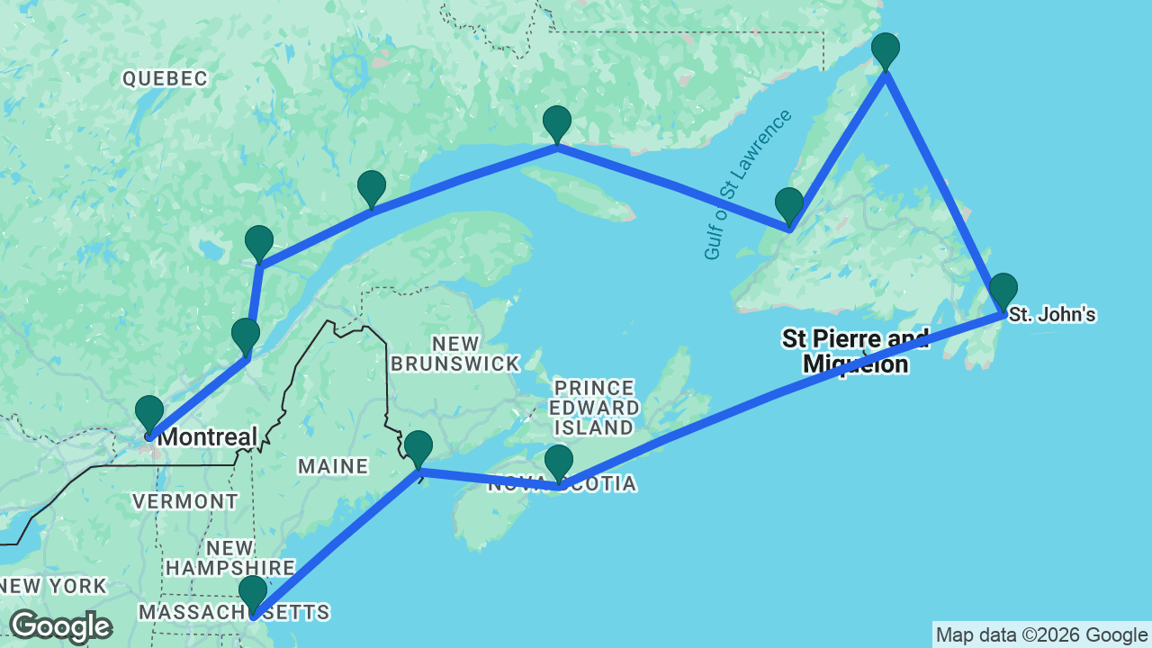 Route map: Boston -> Eastport -> Halifax -> St. John's -> St. Anthony -> Corner Brook -> Havre-Saint-Pierre -> Baie-Comeau -> Saguenay -> Québec City -> Montreal