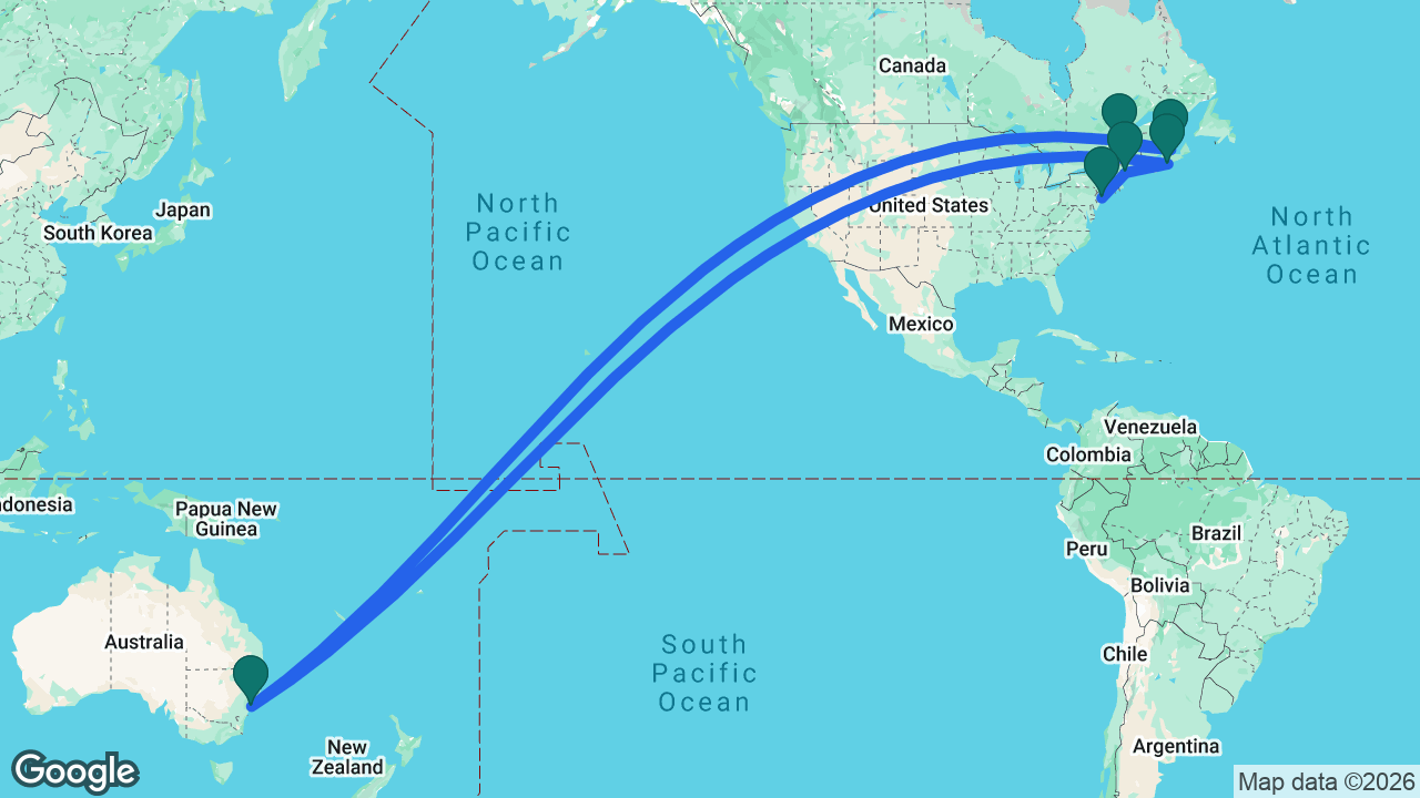 Route map: Québec City -> Charlottetown -> Sydney -> Halifax -> Portland -> New York