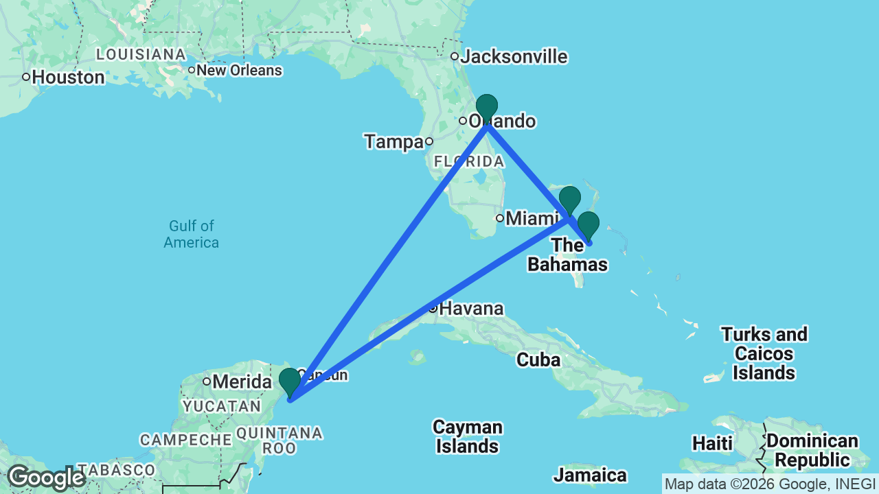 Route map: Port Canaveral -> Cozumel -> CocoCay -> Nassau -> Port Canaveral