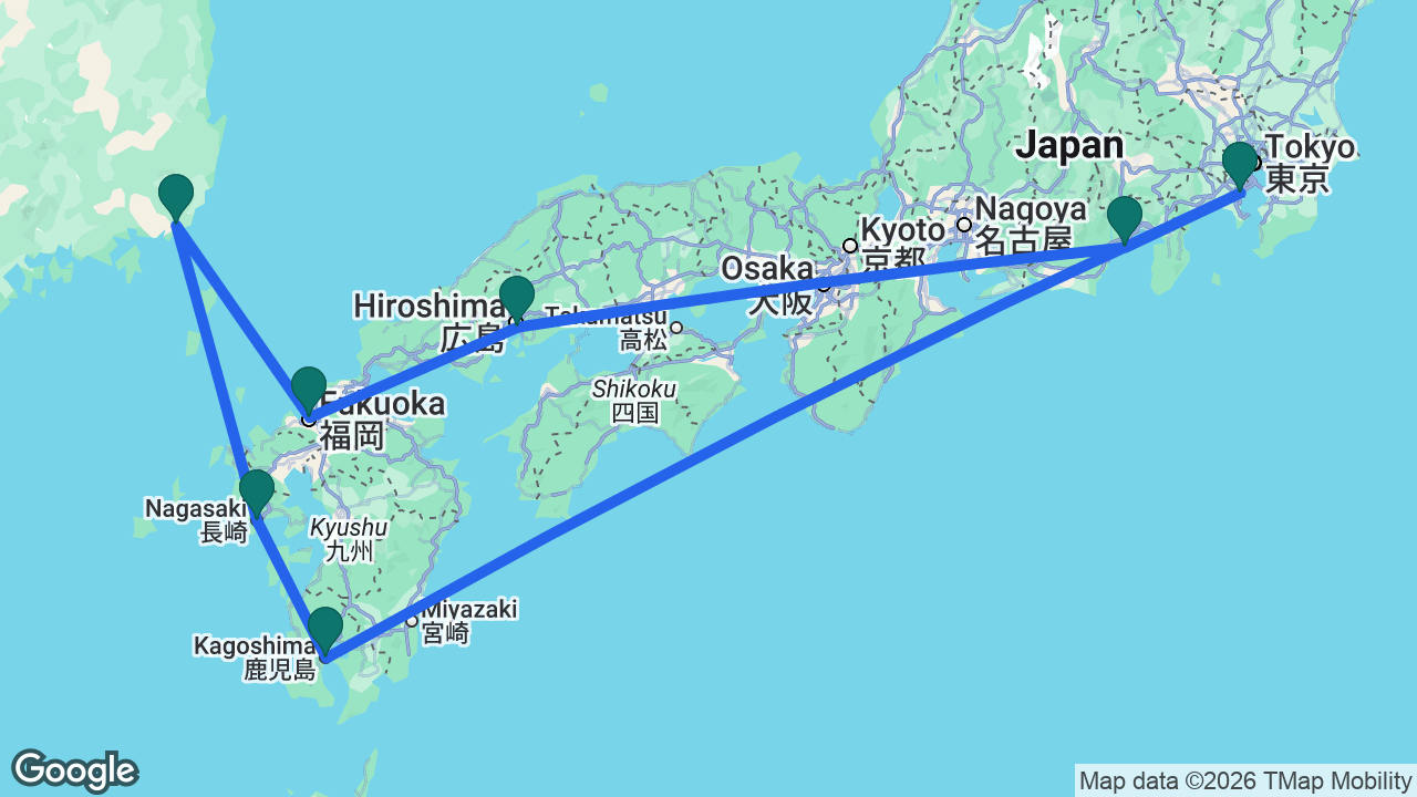 Route map: Tokyo -> Mount Fuji -> Hiroshima -> Fukuoka -> Busan -> Nagasaki -> Kagoshima -> Tokyo