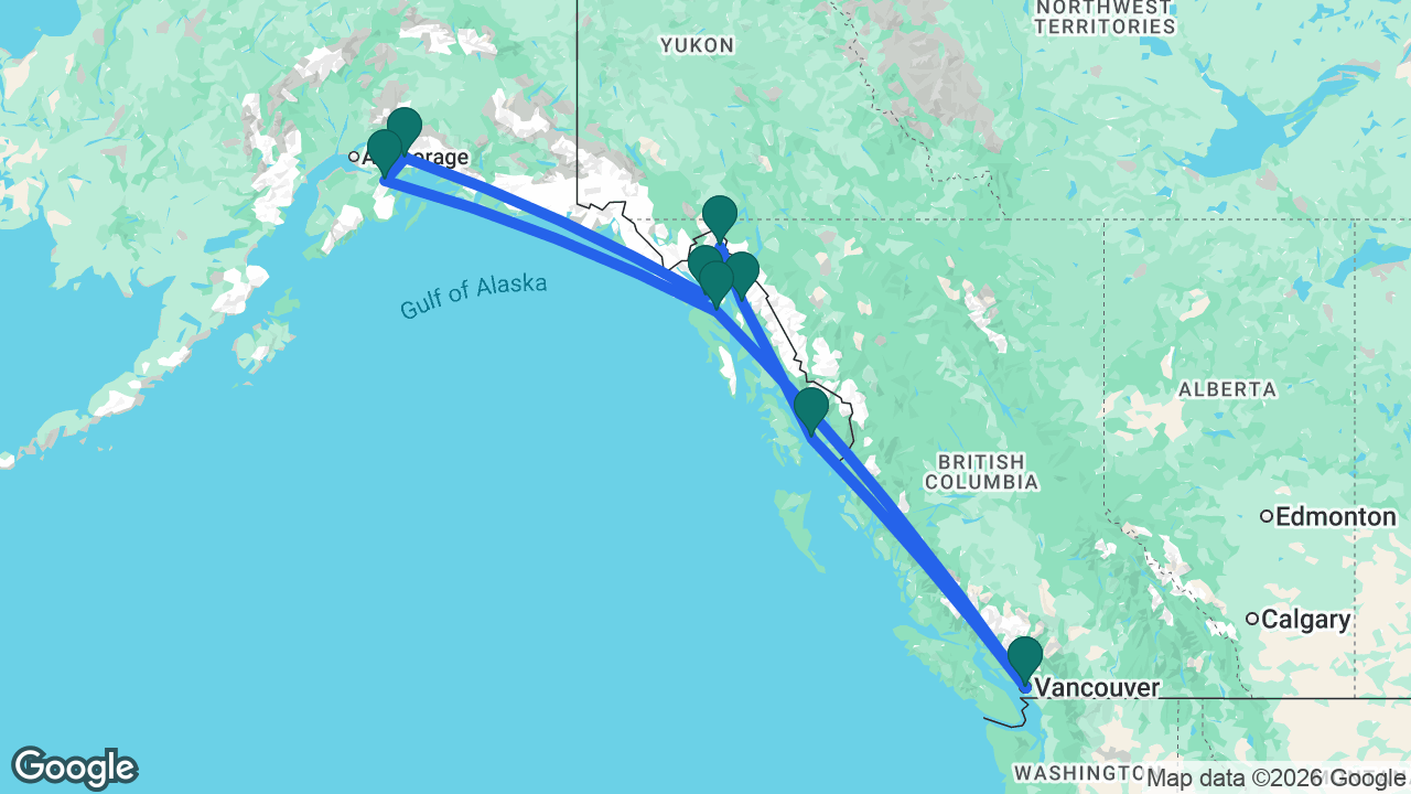Route map: Vancouver -> Ketchikan -> Juneau -> Skagway -> Glacier Bay -> College Fjord -> Whittier -> Icy Strait Point -> Vancouver
