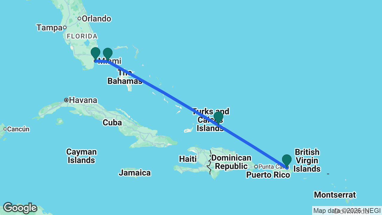 Route map: San Juan -> Grand Turk -> Bimini -> Miami