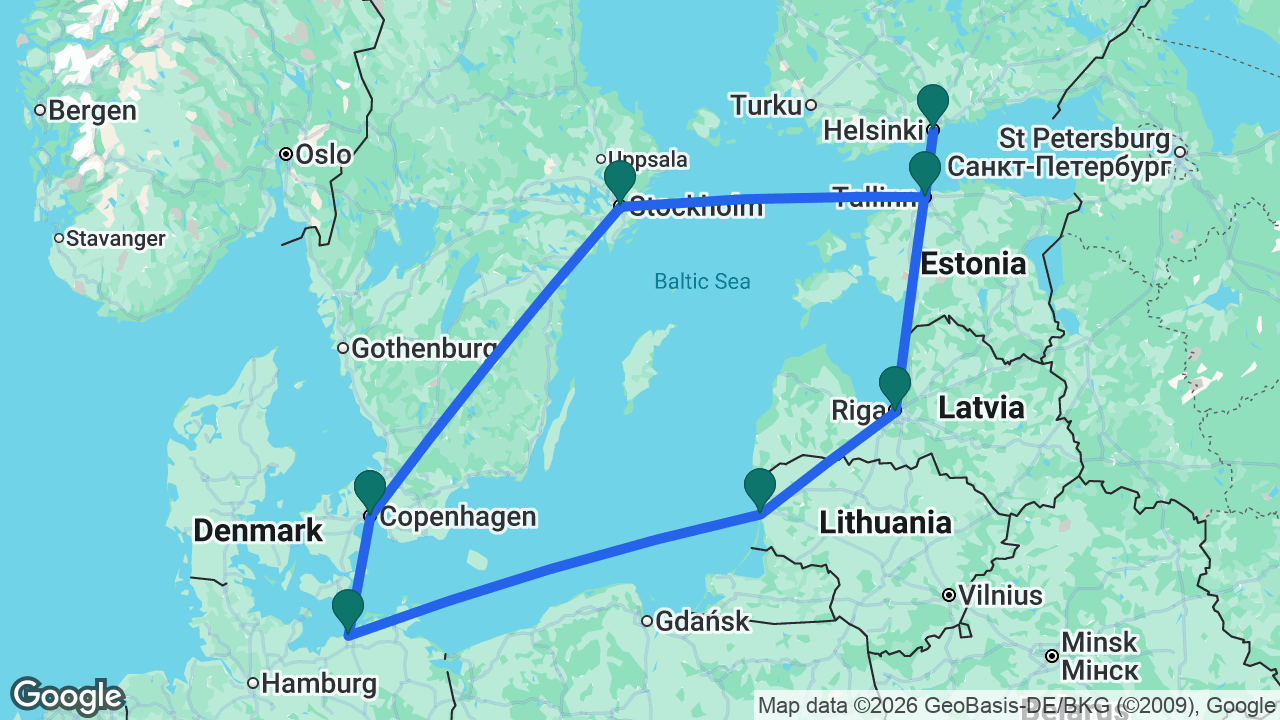 Route map: Copenhagen -> Berlin -> Klaipeda -> Riga -> Helsinki -> Tallinn -> Stockholm -> Copenhagen