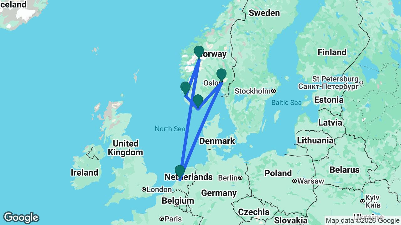 Route map: Amsterdam -> Oslo -> Mandal -> Stavanger -> Skjolden -> Amsterdam