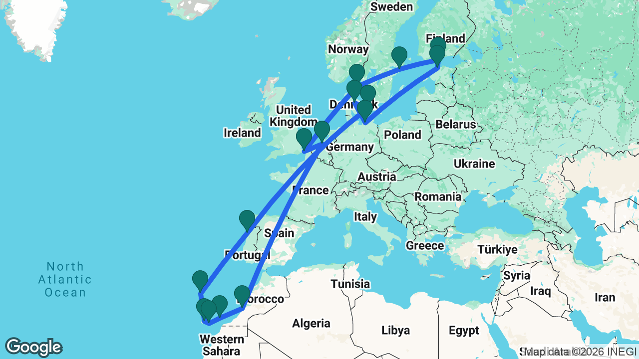 Route map: Dover -> Rotterdam -> Agadir -> Lanzarote -> Gran Canaria -> Tenerife -> Madeira -> Porto -> Copenhagen -> Aarhus -> Berlin -> Tallinn -> Helsinki -> Stockholm -> Skagen -> Dover