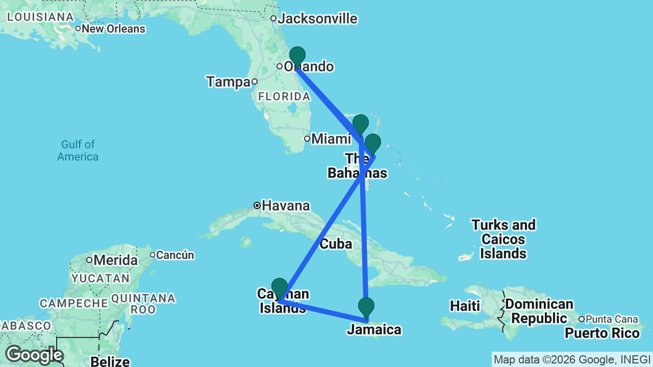 Route map: Port Canaveral -> Nassau -> Grand Cayman -> Falmouth -> Great Stirrup Cay -> Port Canaveral