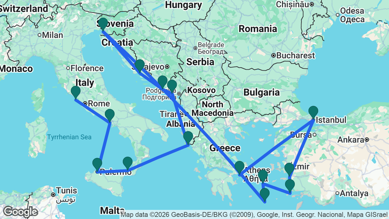 Route map: Rome -> Naples -> Palermo -> Messina -> Corfu -> Kotor -> Dubrovnik -> Split -> Trieste -> Santorini -> Mykonos -> Kos -> Ephesus -> Istanbul -> Athens