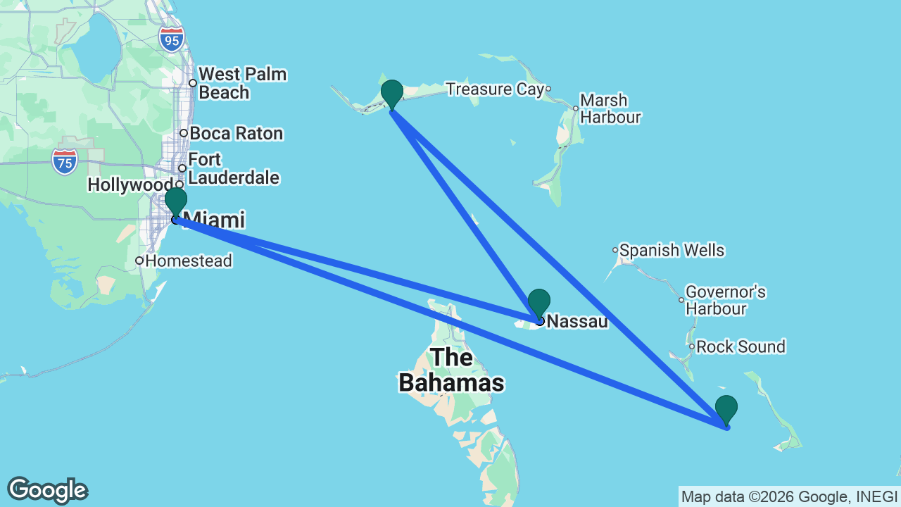 Route map: Miami -> Half Moon Cay -> Celebration Key -> Nassau -> Miami