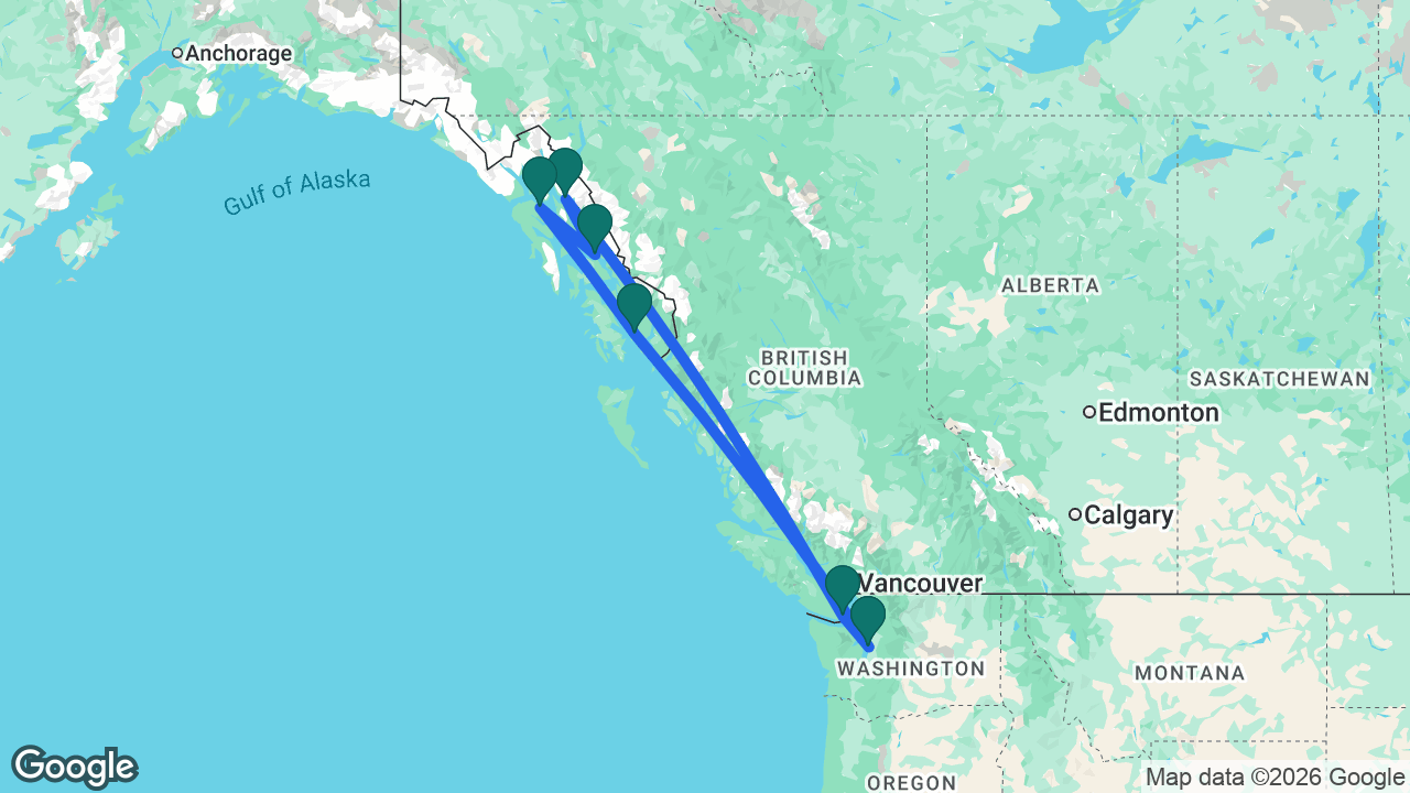 Route map: Seattle -> Ketchikan -> Icy Strait Point -> Endicott Arm -> Juneau -> Victoria -> Seattle