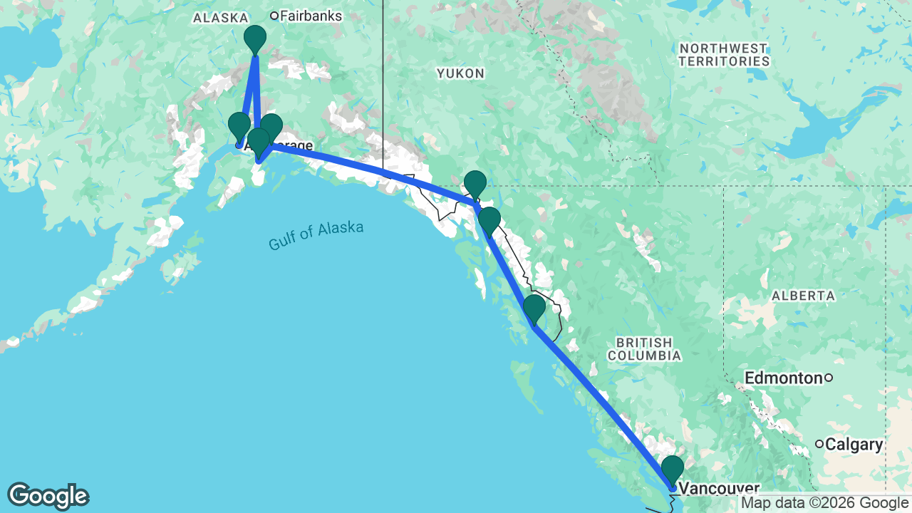 Route map: Vancouver -> Ketchikan -> Juneau -> Skagway -> College Fjord -> Whittier -> Denali -> Anchorage