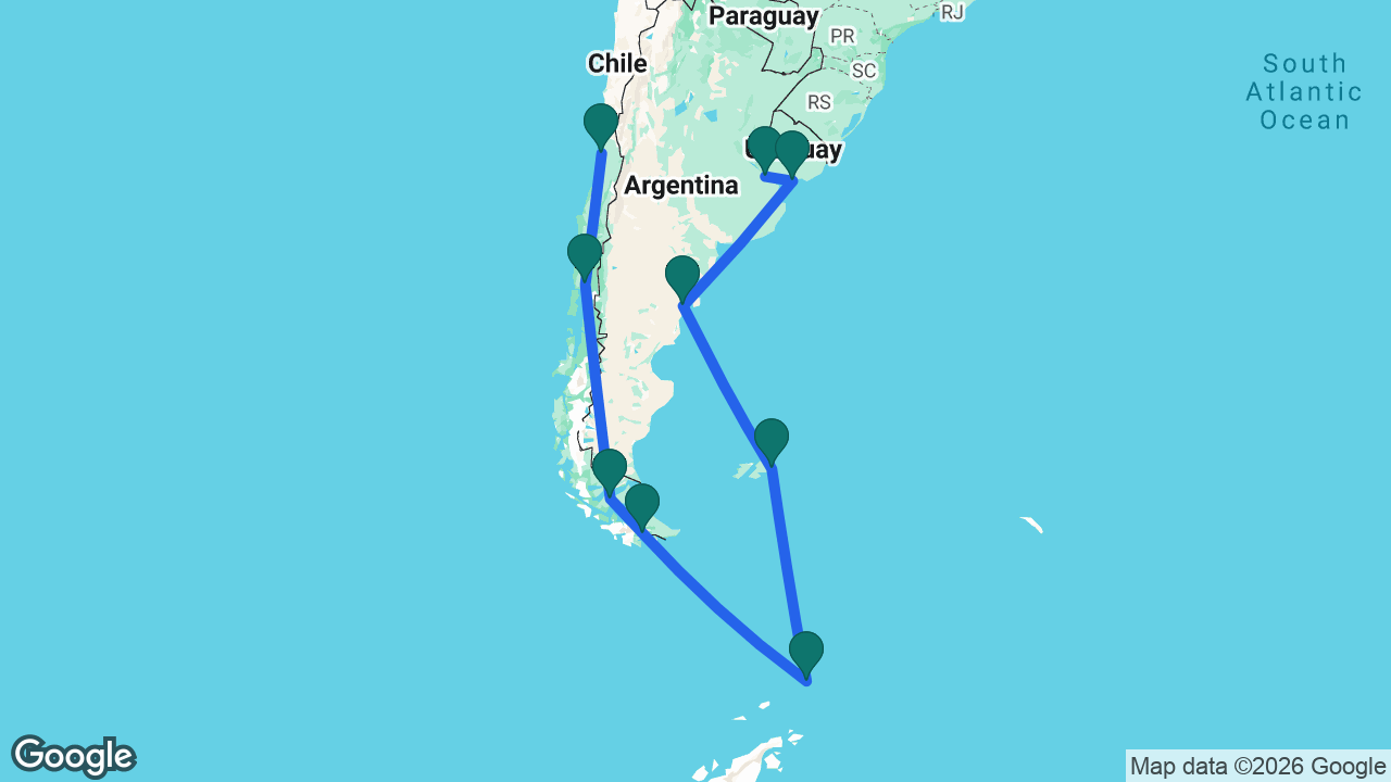 Route map: Buenos Aires -> Montevideo -> Puerto Madryn -> Port Stanley -> Elephant Island -> Ushuaia -> Punta Arenas -> Puerto Montt -> Santiago