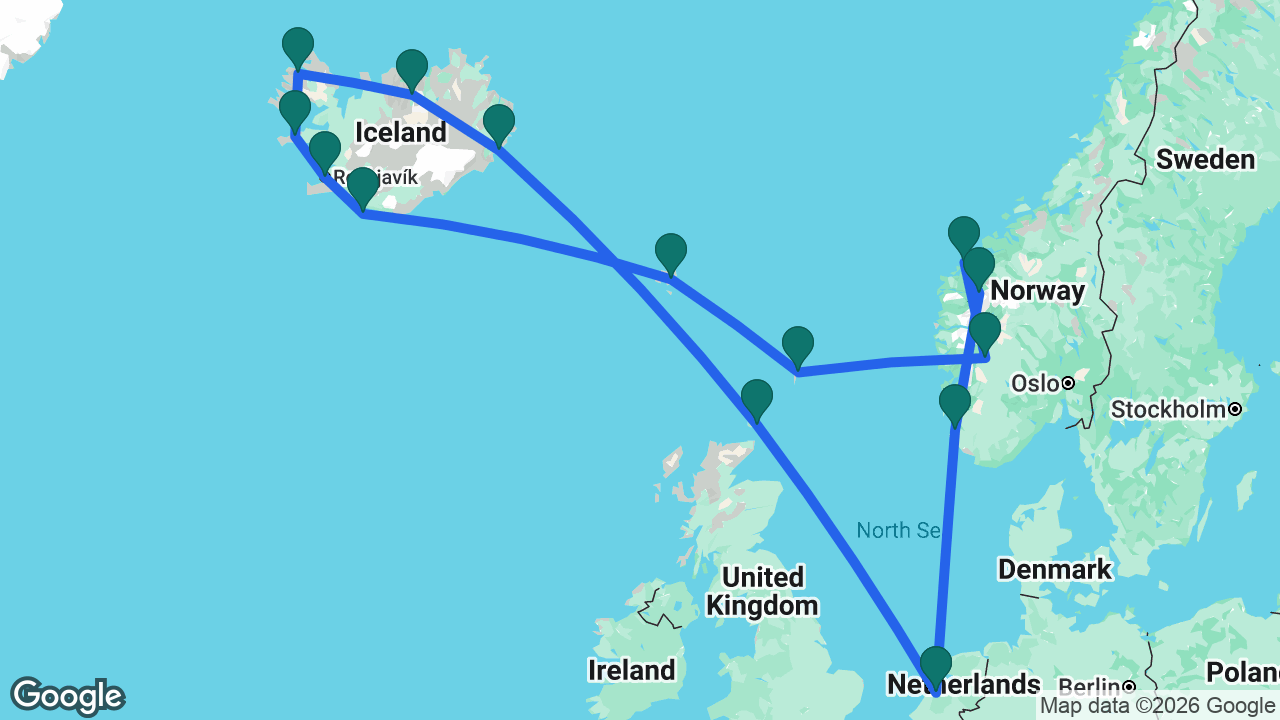 Route map: Amsterdam -> Kirkwall -> Djúpivogur -> Akureyri -> Isafjordur -> Grundarfjordur -> Reykjavik -> Heimaey -> Runavík -> Lerwick -> Eidfjord -> Ålesund -> Olden -> Sandnes -> Amsterdam