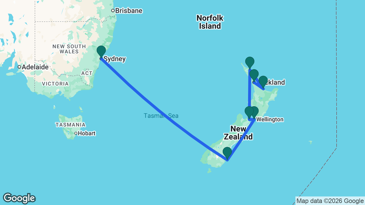 Route map: Sydney -> Dunedin -> Wellington -> Picton -> Bay of Islands -> Tauranga -> Auckland