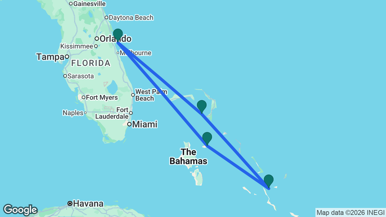 Route map: Port Canaveral -> Castaway Cay -> Lookout Cay -> Nassau -> Port Canaveral