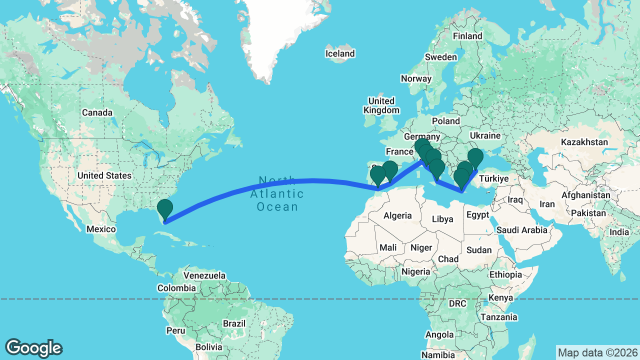 Route map: Istanbul -> Mykonos -> Chania -> Messina -> Naples -> Rome -> Florence -> Cartagena -> Gibraltar -> Fort Lauderdale