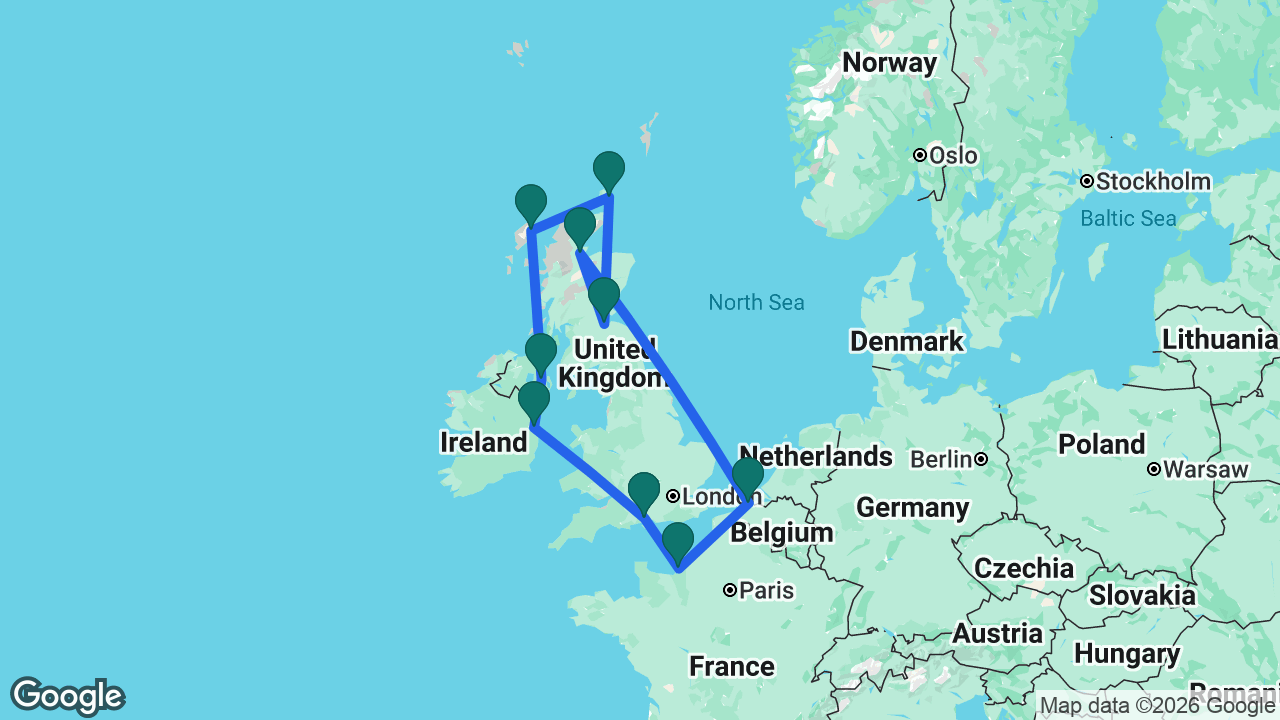 Route map: Southampton -> Dublin -> Belfast -> Stornoway -> Kirkwall -> Edinburgh -> Invergordon -> Bruges -> Paris -> Southampton
