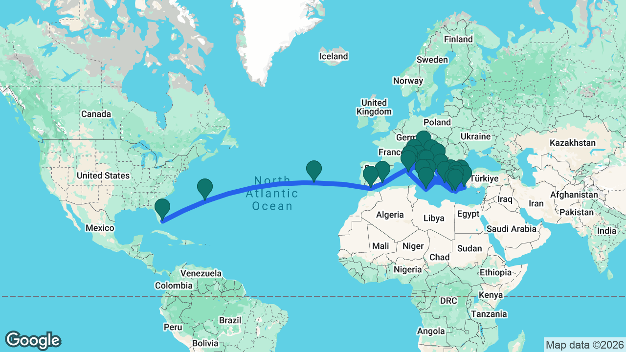 Route map: Fort Lauderdale -> Bermuda -> Azores -> Gibraltar -> Cartagena -> Ajaccio -> Rome -> Florence -> Alghero -> Valletta -> Corfu -> Kotor -> Split -> Trieste -> Katakolon -> Santorini -> Ephesus -> Rhodes -> Chania -> Naples -> Amalfi Coast -> Messina -> Palermo -> Mykonos -> Heraklion -> Athens