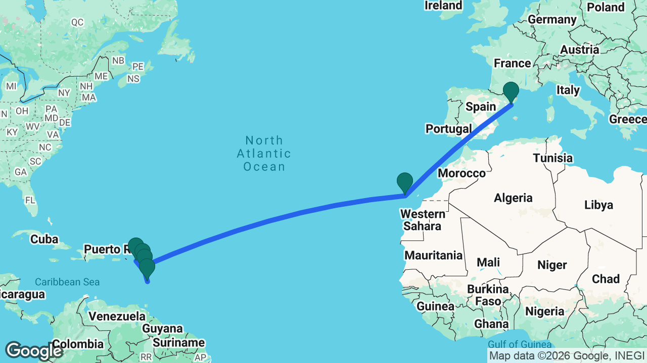 Route map: Martinique -> Guadeloupe -> St. Maarten -> Antigua -> Tenerife -> Barcelona