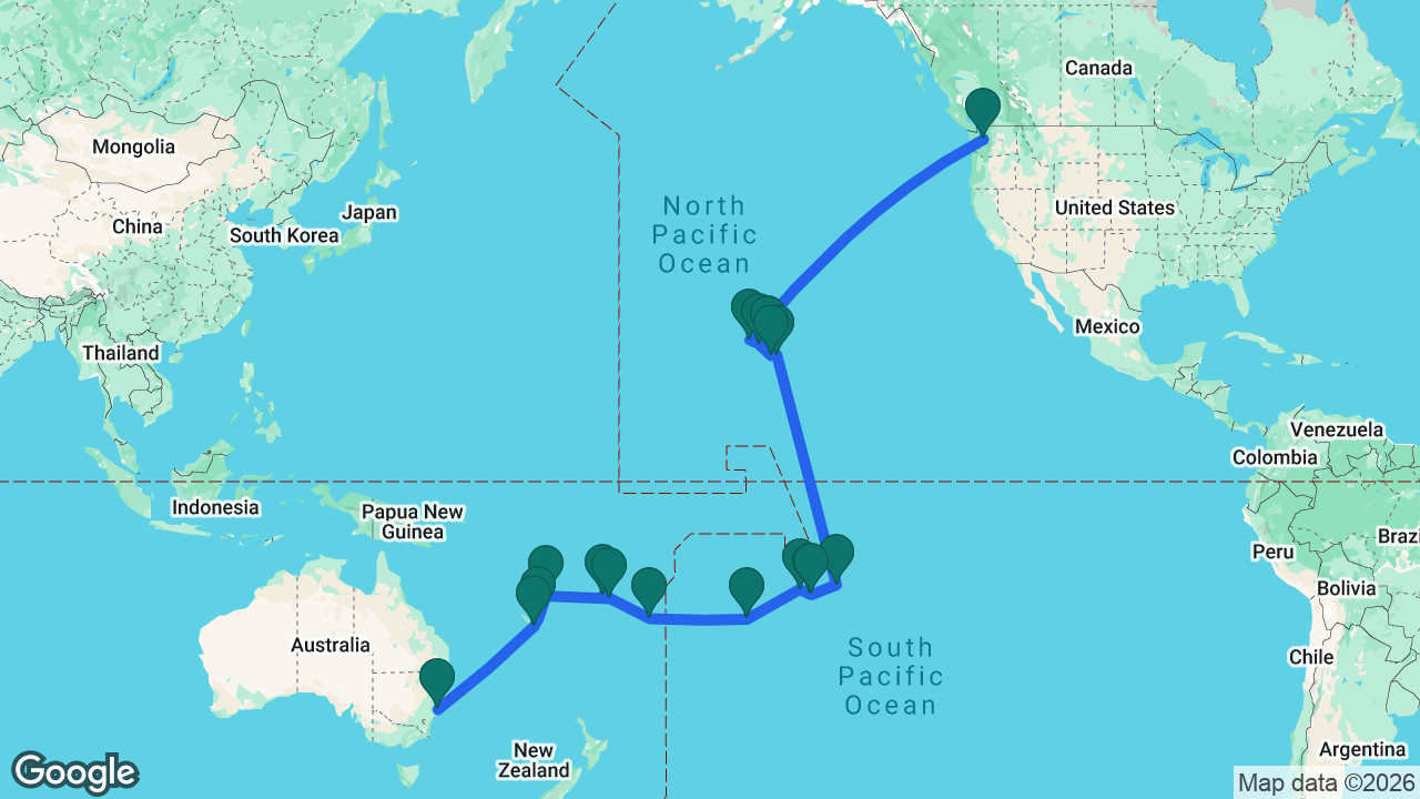 Route map: Sydney -> Nouméa -> Lifou -> Port Vila -> Fiji -> Lautoka -> Nuku'alofa -> Cook Islands -> Raiatea -> Moorea -> Tahiti -> Fakarava -> Hilo -> Kona -> Honolulu -> Maui -> Kauai -> Seattle