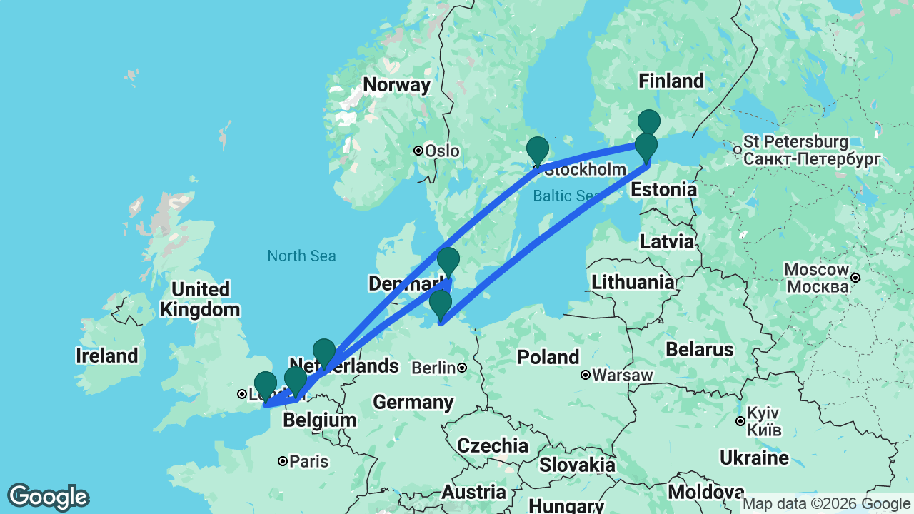 Route map: Dover -> Amsterdam -> Copenhagen -> Berlin -> Tallinn -> Helsinki -> Stockholm -> Bruges -> Dover