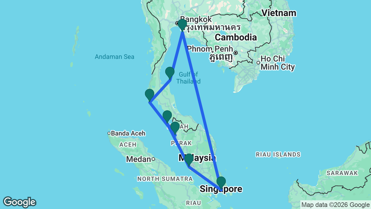 Route map: Singapore -> Kuala Lumpur -> Langkawi -> Penang -> Phuket -> Koh Samui -> Bangkok -> Singapore