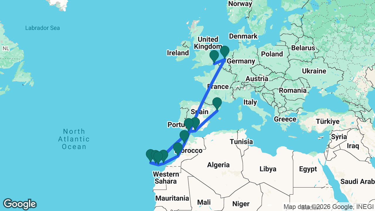 Route map: Dover -> Rotterdam -> Casablanca -> Agadir -> Fuerteventura -> Gran Canaria -> La Palma -> Tenerife -> Cádiz -> Málaga -> Barcelona