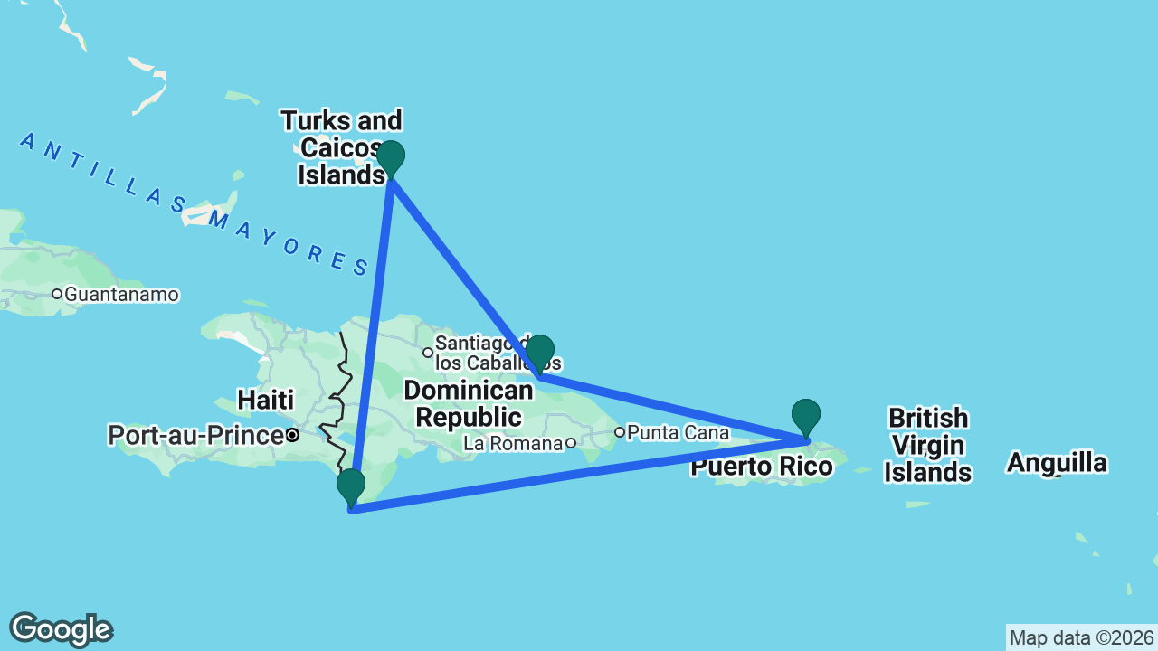 Route map: San Juan -> Samaná -> Grand Turk -> Cabo Rojo -> San Juan