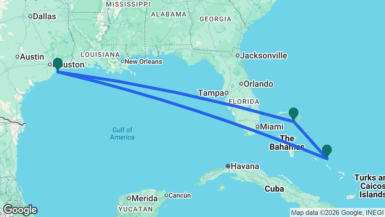 Route map: Galveston -> Lookout Cay -> Castaway Cay -> Galveston