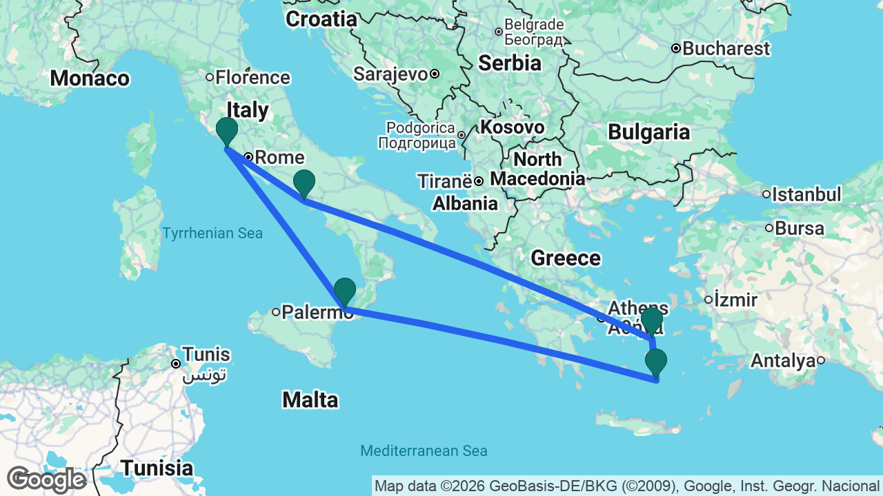 Route map: Rome -> Messina -> Santorini -> Mykonos -> Naples -> Rome