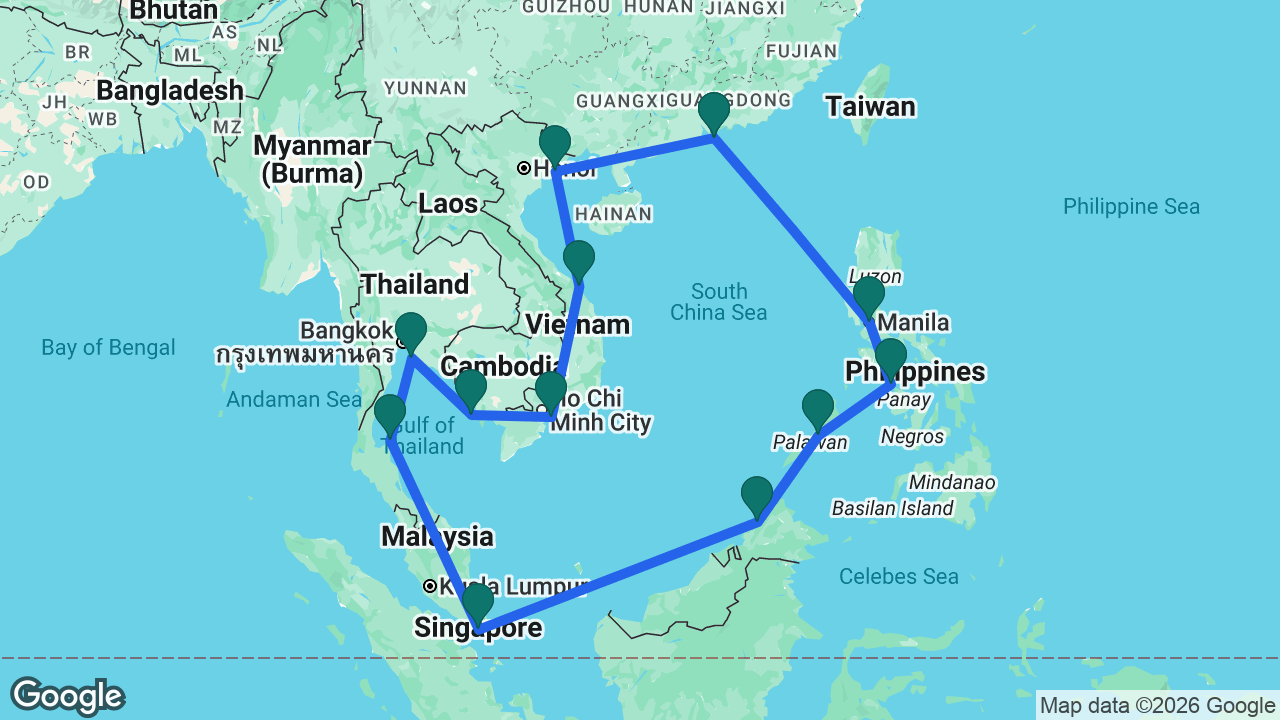 Route map: Hong Kong -> Ha Long Bay -> Da Nang -> Ho Chi Minh City -> Sihanoukville -> Bangkok -> Koh Samui -> Singapore -> Kota Kinabalu -> Puerto Princesa -> Boracay -> Manila -> Hong Kong