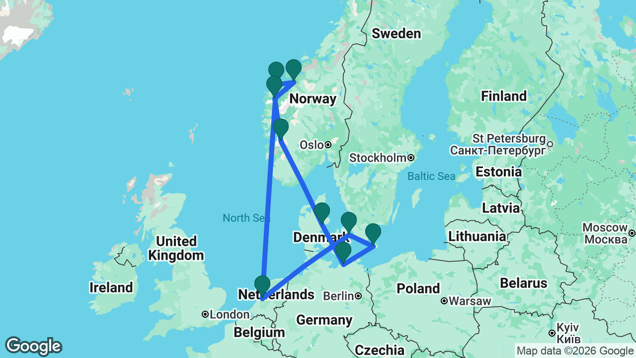 Route map: Amsterdam -> Ålesund -> Åndalsnes -> Nordfjordeid -> Odda -> Aarhus -> Berlin -> Rønne -> Copenhagen -> Amsterdam